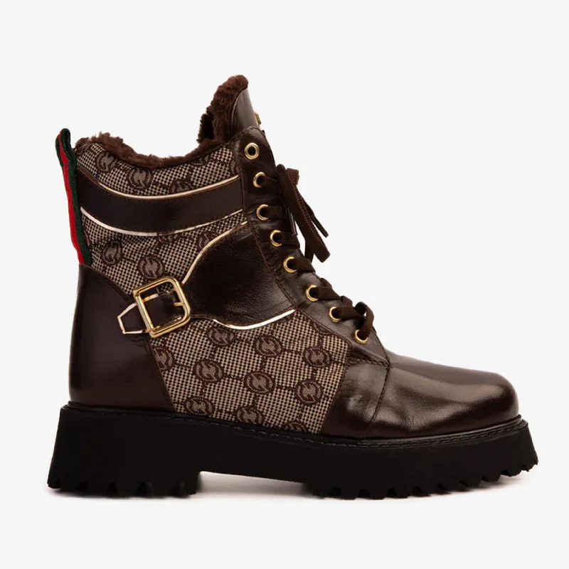 The Boston Brown Leather Lace-Up Ankle Women Boot With a Side Zipper