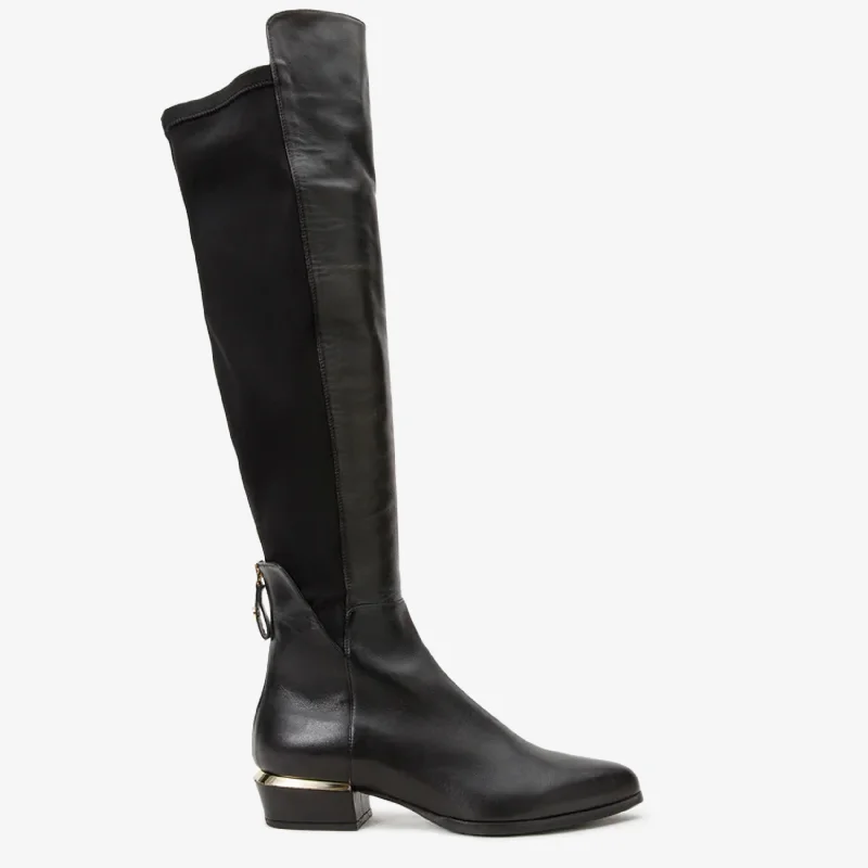 The Fairoks Black Leather Pointy Toe Knee High Women Boot