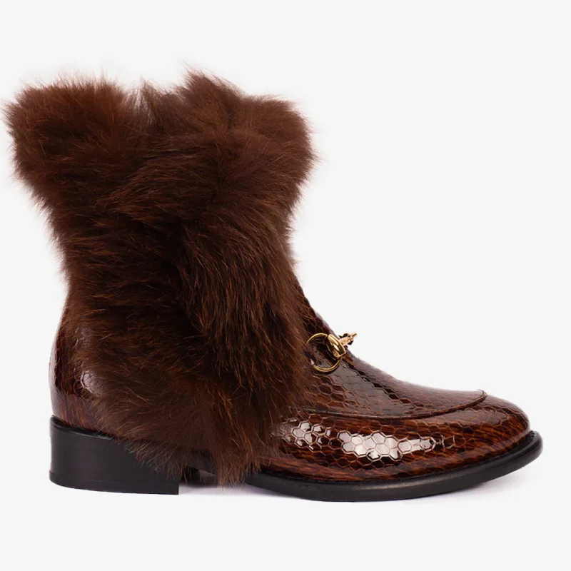 The Izmir Brown Patent Leather Natural Fur Mid Calf Women Boot